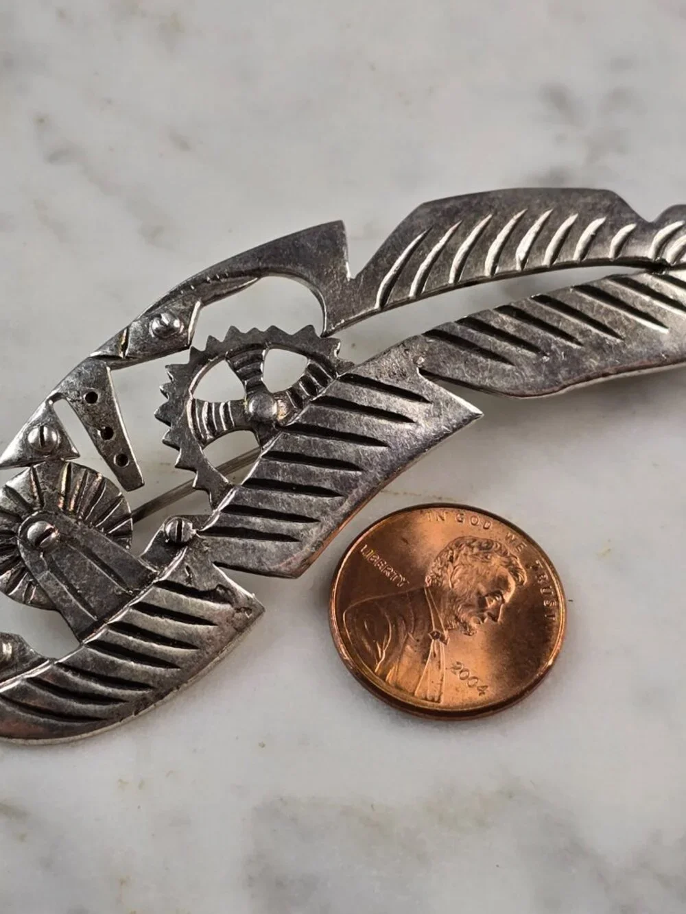 Womens Vintage Estate Sterling Silver Native American Feather Brooch 13.1g E655